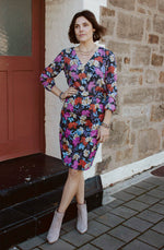 DEVOI Frances pencil skirt in stretch cotton.  This skirt is printed in Black Empress floral print.  the skirt is super comfy and has pockets and a back vent.