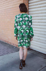 DEVOI Georgia dress in Calla Lillies green print. Knee length with full length sleeves