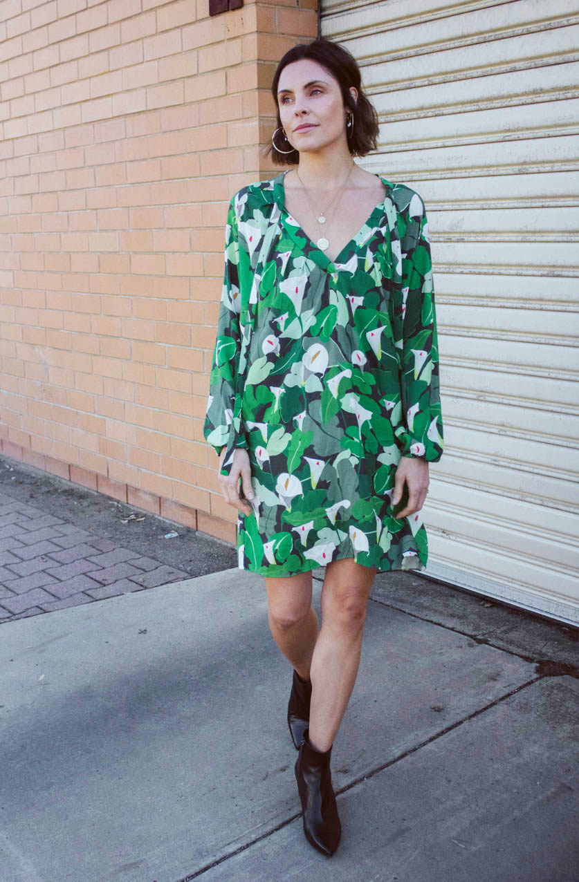 DEVOI Georgia dress in Calla Lillies green print. Knee length with full length sleeves