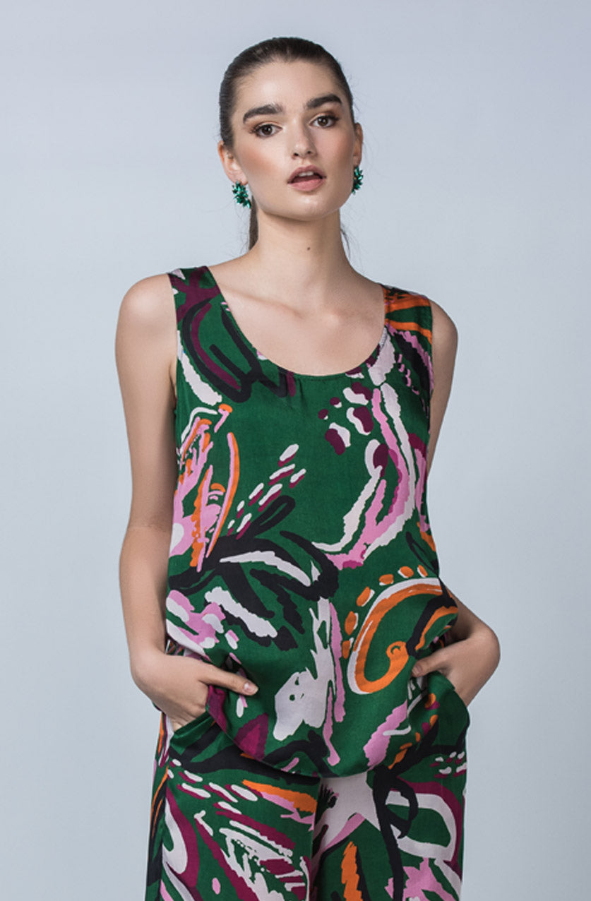 Green Wild Thing printed tank top in cupro vegan silk with a scoop neck.