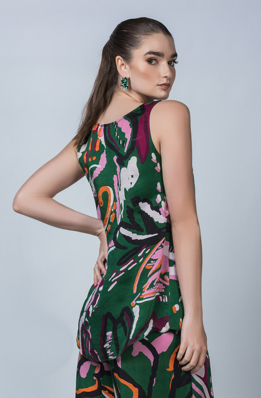 Green Wild Thing printed tank top in cupro vegan silk with a scoop neck.