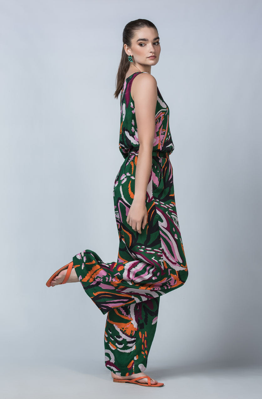 DEVOI Stevie pants in Wild Green Thing printed cupro, vegan silk. Green floral print. Wide leg palazzo pants.