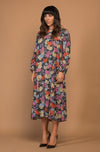 DEVOI Sybille shift dress in floral empress print. Midi dress with long sleeves, a belt and pockets.